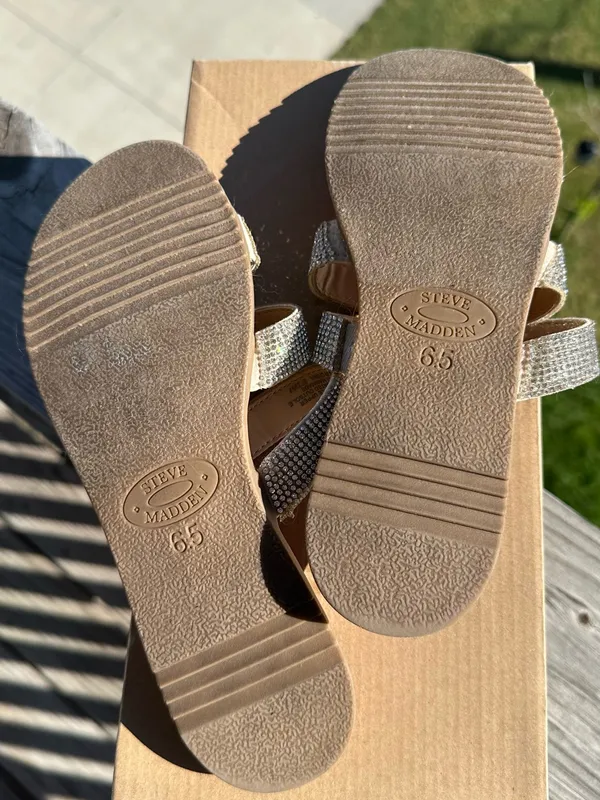 Steve Madden Crystal Triple-Strap Slide Sandal in Tan and Silver - Image 3