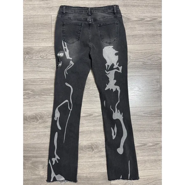 SheIn Womens Distressed Jeans Size L Graphic Print Black 28x29 High‎ Rise Straight Leg - Image 3