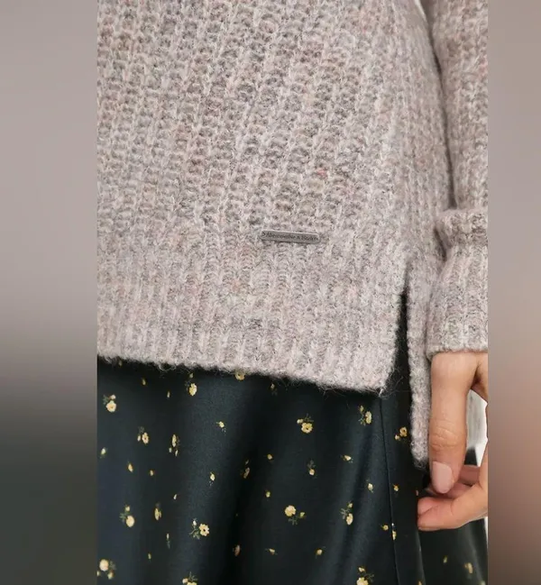 Abercrombie V-Neck Knitted Sweater in Rib - Pink/Grey Marl - M - Image 4