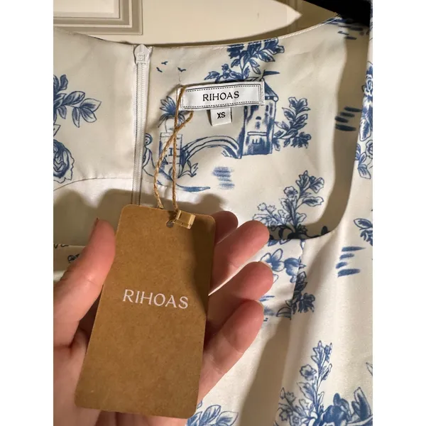 Rihoas Blue White Toile Floral Square Neck Ruffle Hem Midi Dress XS NWT - Image 5