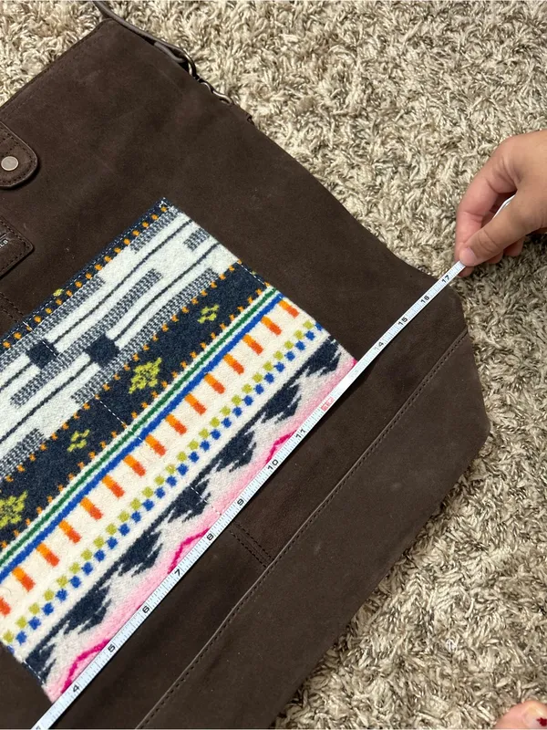 Pendleton Brown Suede Messenger Tote with Multicolor Patterned Pocket and back - Image 4