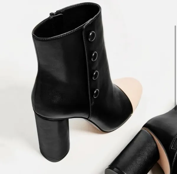 Zara Black High Heeled Ankle Boots with Cream Capped Toe - Image 5