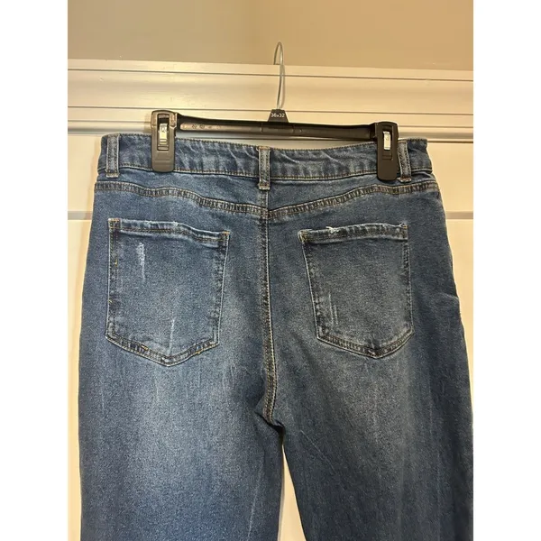 Wonderly Mid Rise Slim Flare Distressed Jeans Dark Blue Denim Size 16 Curvy Plus - Image 5