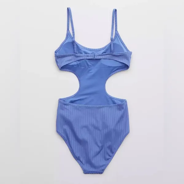 Aerie Ribbed Shine Side Scoop One Piece Swimsuit in Baja Blue Size Large NWT - Image 5