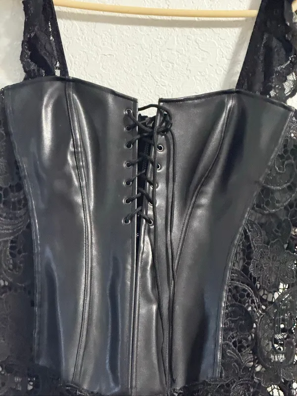 faux leather black corset lingerie lace bottom straps Women bustier dreamgirl 44 - Image 2
