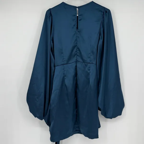 Petal + Pup Opal Teal Satin Balloon Sleeve Wrap Mini Dress US 8 - Image 2