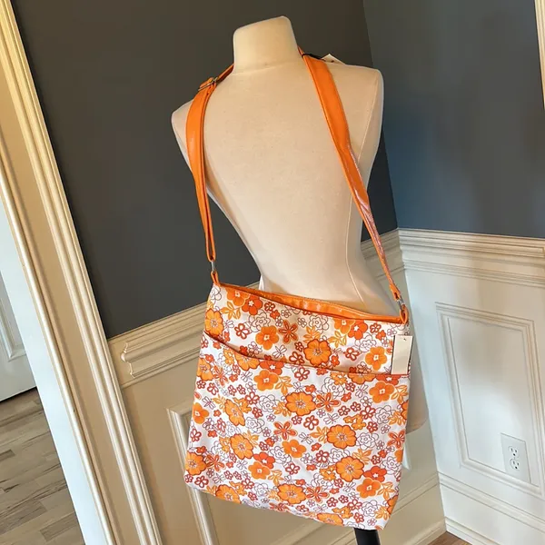 SASHA Handbags NY Large Tote Shoulder Overnight Orange White Floral Purse Womens - Image 4