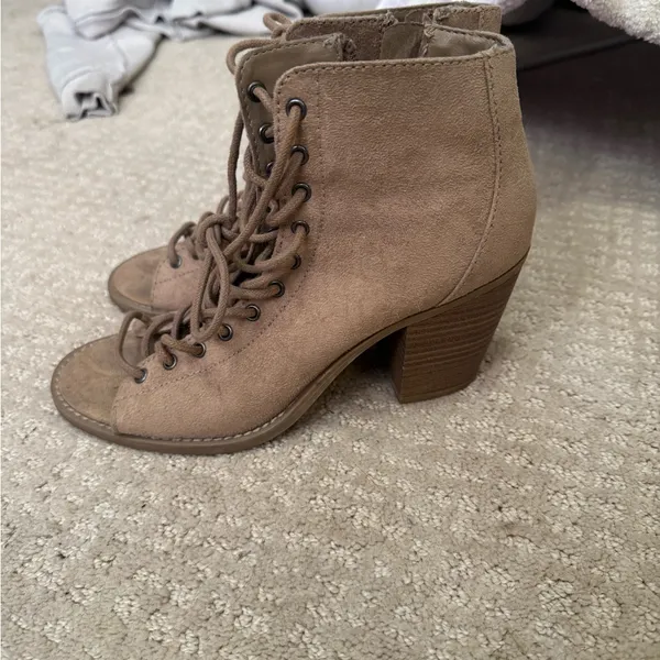 Neutral Suede Lace-Up Peep Toe Booties | Block Heel | Size 8 - Image 2