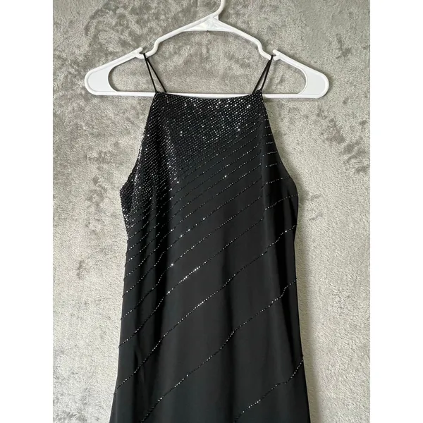 Vintage Black Beaded Sequin Halter Dress‎ Formal Evening Gown Cocktail Party SM - Image 2