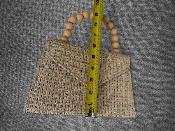 Metallic Gold Woven Envelope Handbag With Wooden Bead Handle And Chain Strap - Image 5