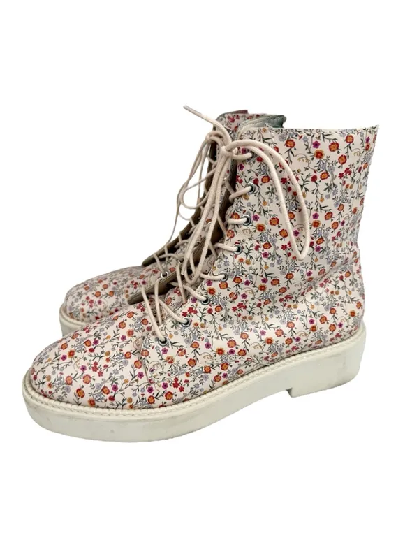Schutz McKenzie Napa Mini Floral Lace Up Zipped Combat Boots Cream Size‎ 8.5 - Image 4