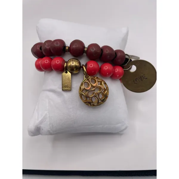 Coach Stella & Dot Bracelet Set Womens OS Red Burgundy Beaded Charm Boho Stack - Image 4