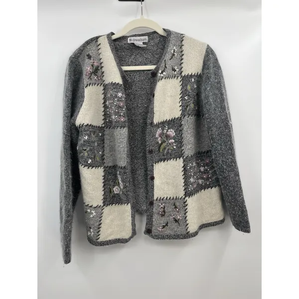 Dress Barn Women's Cardigan Sweater Patchwork Floral Silk Cottagecore L Grey - Image 3