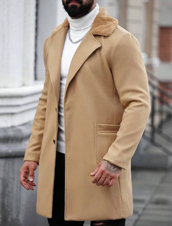 Men's Camel Faux Fur Collar Overcoat - Image 4