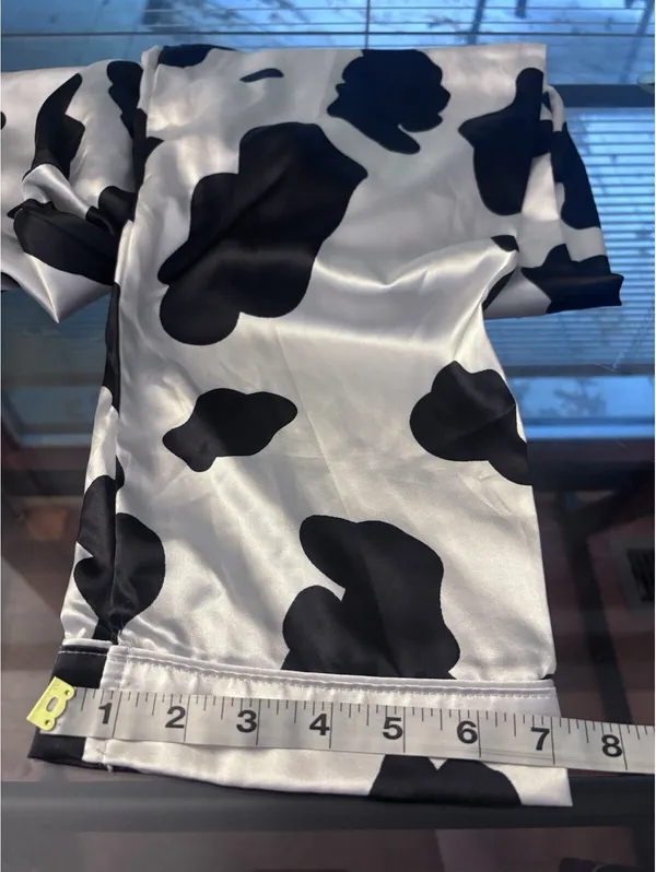 Satin Cow Animal Print 2-Piece Pajama Set Button Front Collared Black/White - Image 9