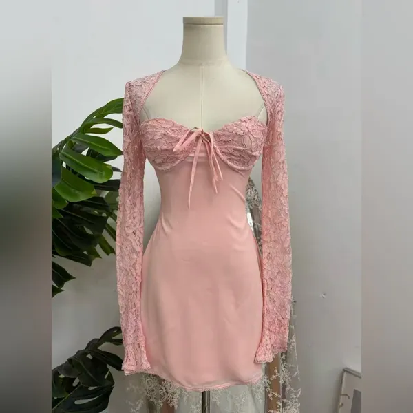 JACINTA MINI DRESS - BLUSH Lace Sleeve Dress S - Image 9