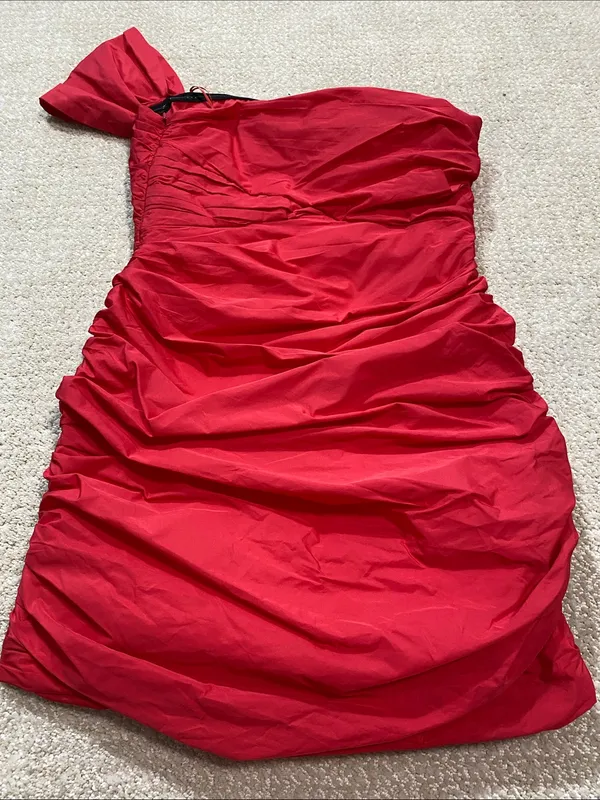 Zara Bright Red One-Shoulder Ruched Mini Dress Size S - Image 8