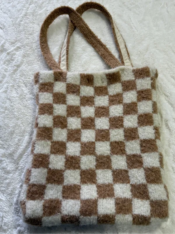 Free People Cozy Checkered Knit Tote Bag | Soft Fuzzy Neutral Bookbag Market - Image 11