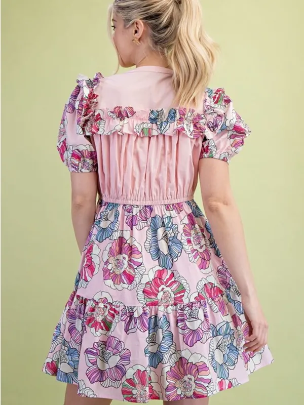 Gigio Pink Floral Ruffle Puff Sleeve Dress Size L - Image 5