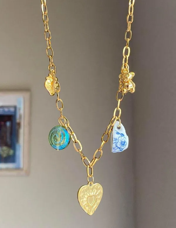 Handmade vintage cottage retro fairy style quality material mix gold stainless steel necklace🌝🍃 - Image 2