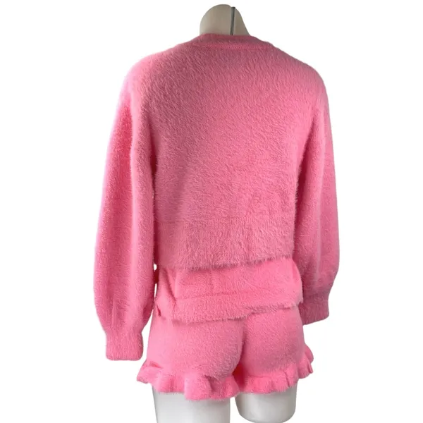 ASOS Pink Fleece Cardigan Short Sleeve T Shirt Shorts Sweater 3 Piece Set Size 2 - Image 4