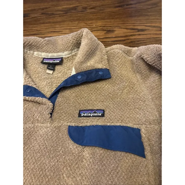 PATAGONIA Re-Tool Women's Large Snap T Fleece‎ Soft Pullover Brown/Navy~EUC - Image 2