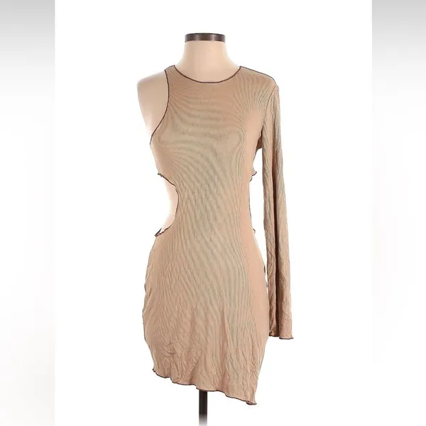 Superdown Katarina Cut Out Tan Brown‎ Cream Asymmetrical Mini Dress Small - Image 4