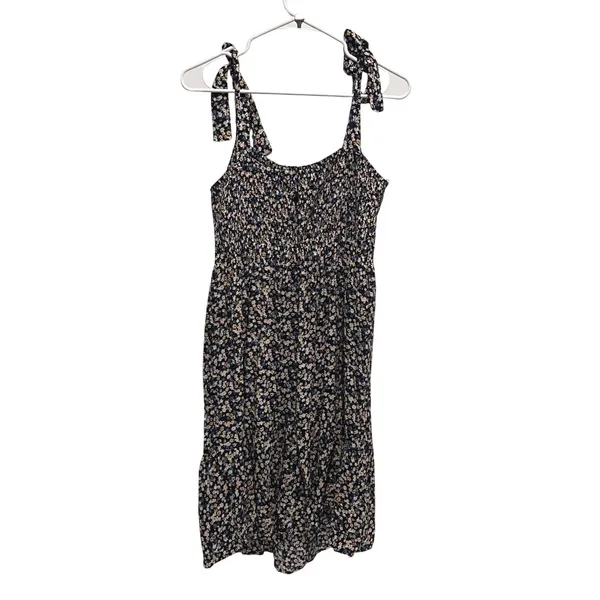 Angel Maternity Dress Women M Navy Floral Boho Smocked Tie Strap Tiered Midi - Image 4