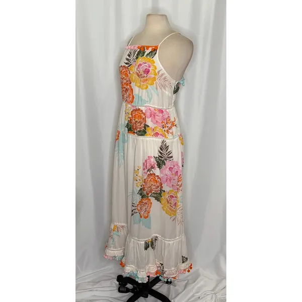 Anthropologie‎ FARM RIO Havana Floral Dress Midi Pom Poms Vacation Large Petite - Image 6