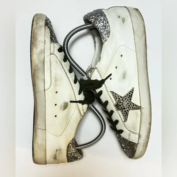 Golden Goose White Sneakers with Silver Glitter and Leopard Star Size 39 - Image 2