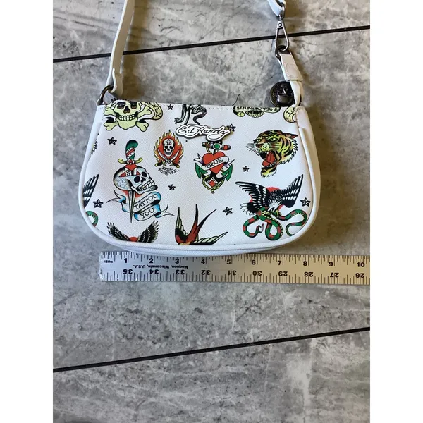 Ed Hardy NWOT White Tattoo Flash Baguette Shoulder Bag Y2K Tiger Skull Graphic - Image 5