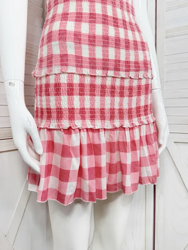 Sincerely Jules Gingham‎ Check Smocked Ruffle Mini Dress Red White Medium Preppy - Image 7