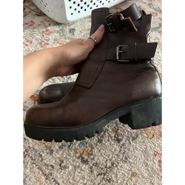 Double H Brown Leather Moto Boots Chunky Lug Sole Buckle Side Zip Womens 10 3016 - Image 6
