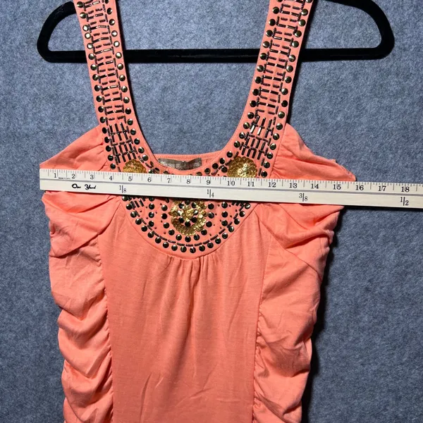Free Culture Orange Studded Sequin Ruched Tank‎ Top Smocked Hem NWT Womens Small - Image 4