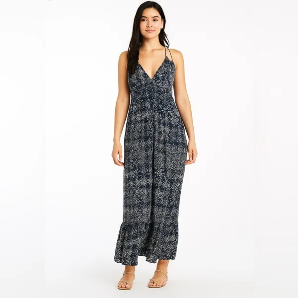 Lucky Brand John Robshaw Crochet Lace Back Maxi Dress Navy Blue White Small Boho - Image 14