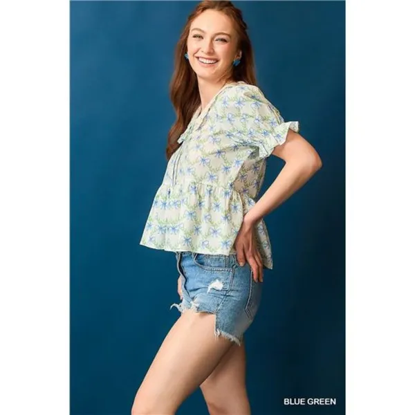 Umgee‎ Lace Detail Bow Print Flounce Sleeve Blouse - Image 2