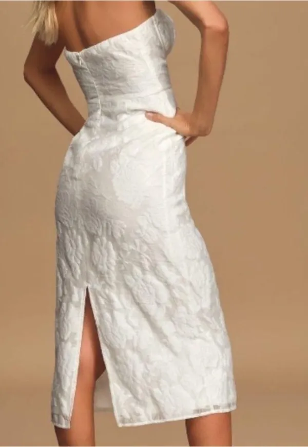 Lulus From this Day White Floral Jacquard Strapless Midi Dress - Image 3