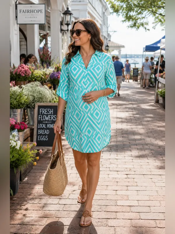 PinkBlush Maternity Mint Green Geometric Tunic Blouse Roll Tab Sleeve Small NWT - Image 2