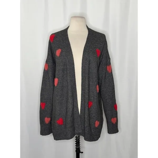 NWT!! CELEBRATE‎ TOGETHER Heart Cardigan Sweater Grey Pink Red Hearts Large - Image 2
