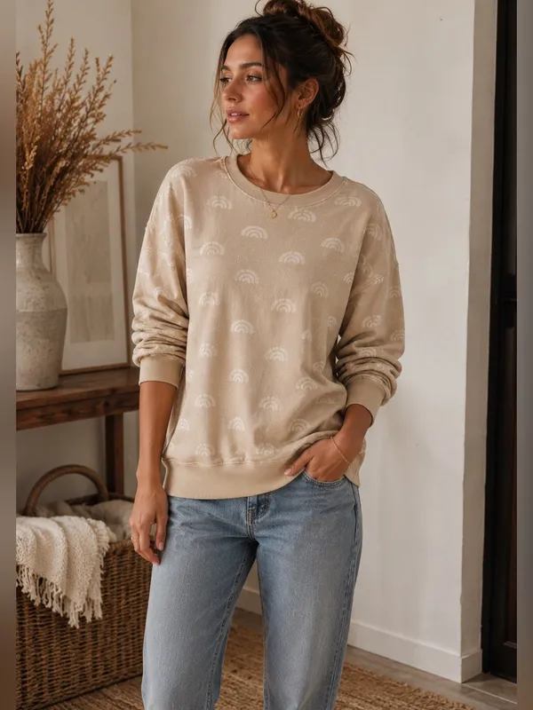 Anthropologie Daily Practice Creme Tan Rainbow Print Crew Pullover Sweatshirt XS - Image 2