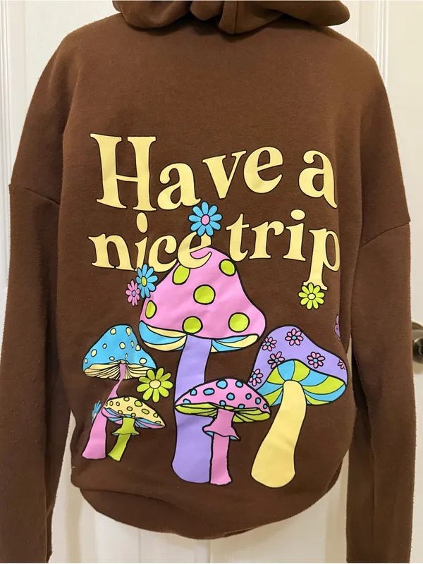 2000s style whimsical brown graphic oversized zip up hoodie w mushroom graphic - Image 3