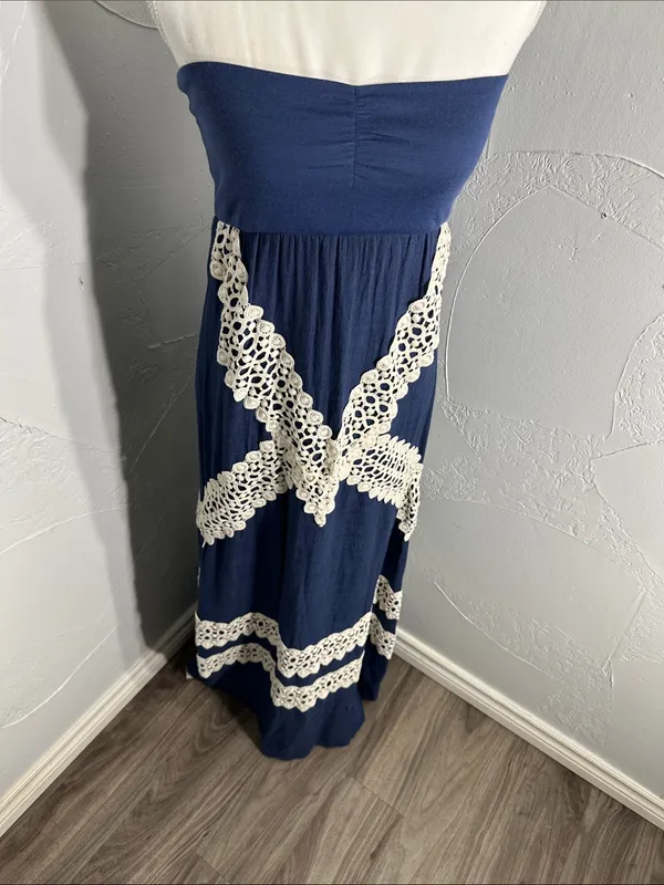Judith March Navy Strapless Maxi Dress with Cream Lace - Image 4