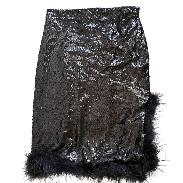 Beulah Style Black Sequin Midi Skirt with Feather Trim Side Slit Size Medium NEW - Image 3