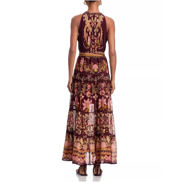 Farm Rio Maxi Dress Women Medium Burgundy Floral Tiered Beaded Tassel Boho - Image 4
