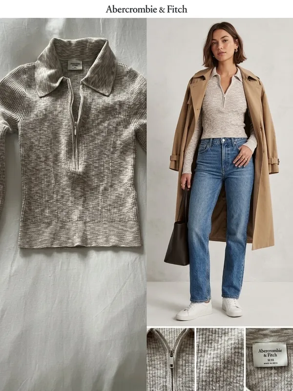 Abercrombie & Fitch | Marled Ribbed Half Zip Collar Sweater Top Beige Cream XXS - Image 2