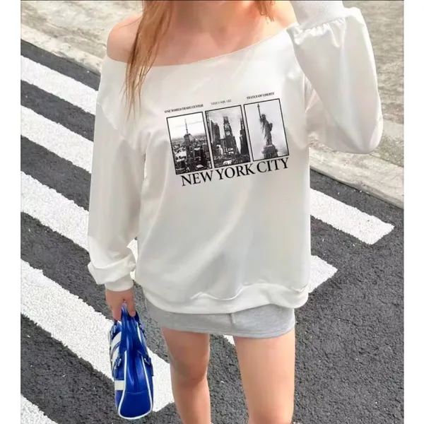 Shein Women’s XS White NYC Graphic Sweatshirt Off Shoulder Times Square Liberty - Image 5