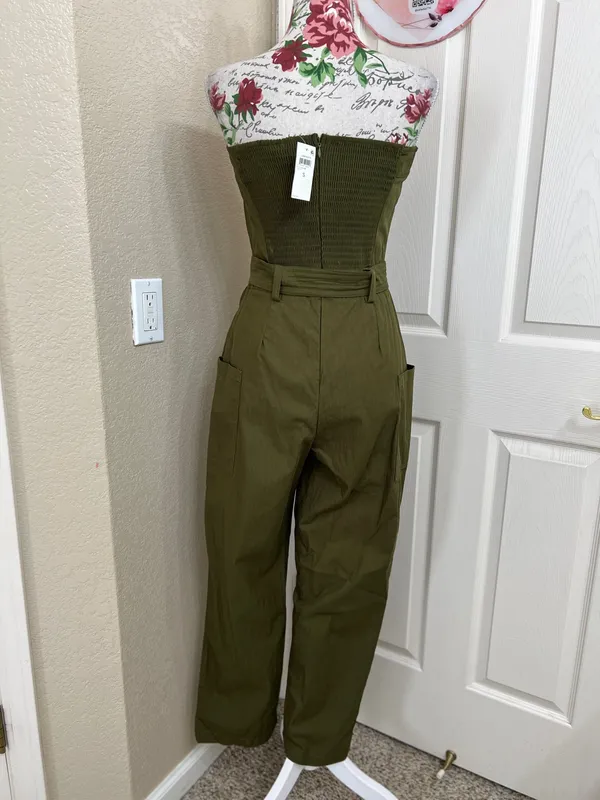 NWT Bar III Strapless Belted Utility Jumpsuit Olive Green Size Small - Image 4