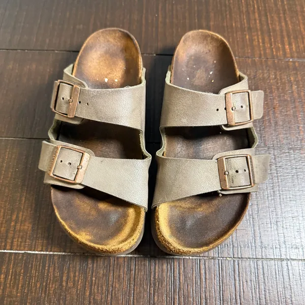 Birkenstock Arizona Two Strap Buckle Sandals Taupe Metallic Slides Womens 35 - Image 3