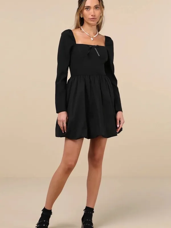 Lulus Darling Picture Black Bow Bubble Hem Black Mini Dress Small NWT - Image 3