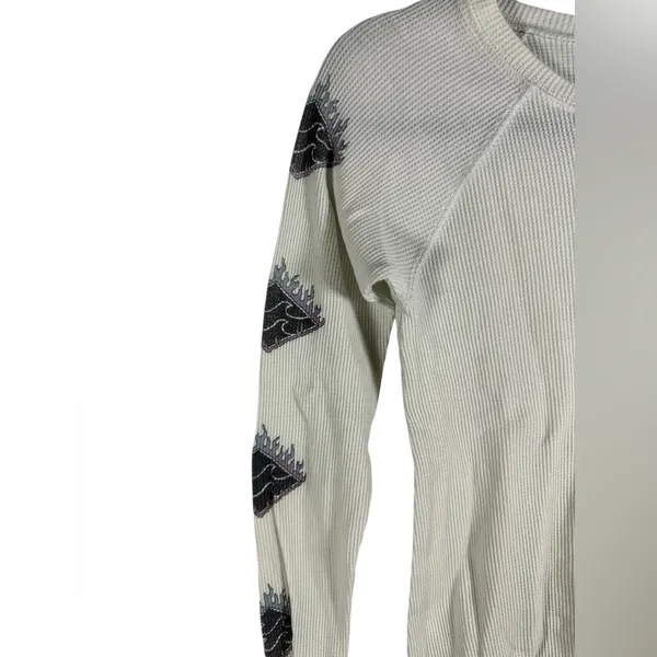 Billabong Waffle Knit Long Sleeve Top XS Cream Graphic Thermal Surf Casual Shirt - Image 5